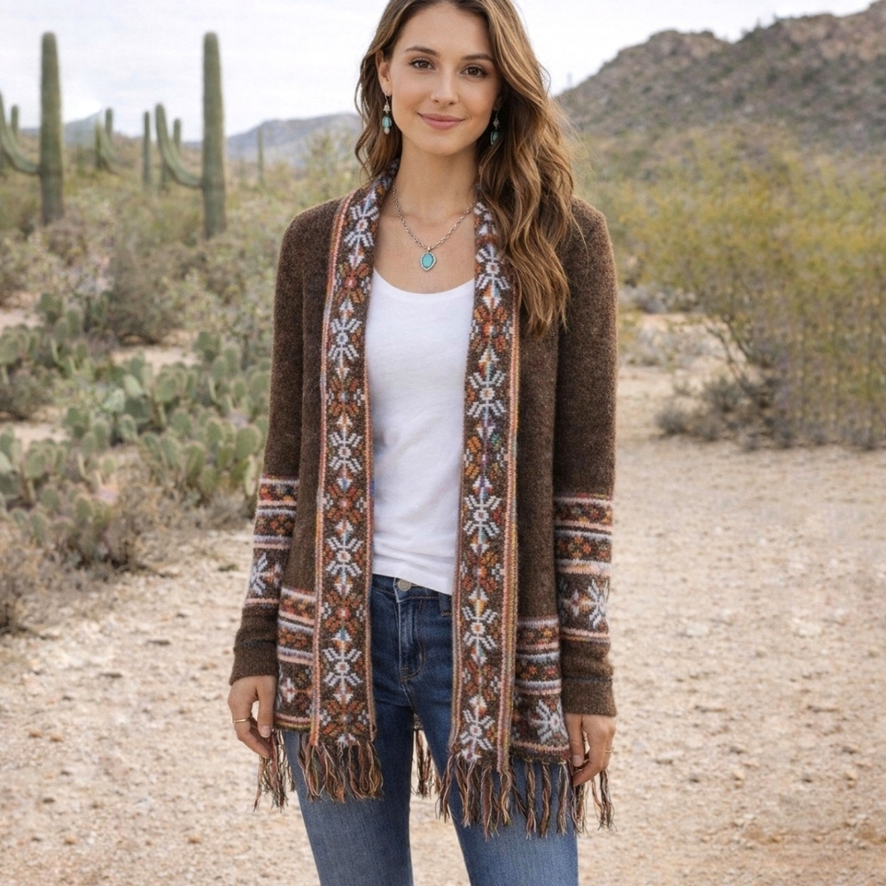 Adora Long Southwestern Aztec Open Cardigan With Fringe M/L - Picture 14 of 14